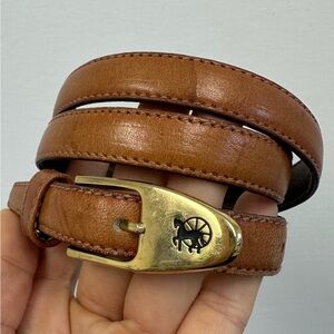 Vintage DMP Brown Leather Skinny Belt Horse Engraved Buckle Equestrian Size S